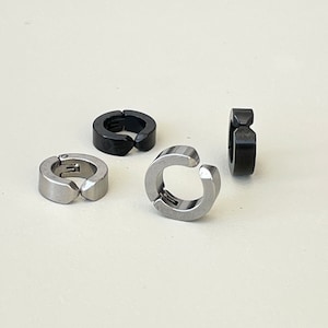 Versatile Silver Clip On Hoop Earrings - Stainless Steel Black Hoops - Non-Pierced Earrings - Cuff Earrings - For Women and Men