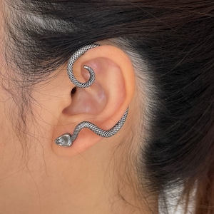 Dark Goth Clawing Snake Ear Climber in Titanium - Edgy Jewelry for Alternative Style