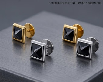 Mens Earrings - Stylish Pyramid CZ Stud Earrings For Guys - Boyfriend Square Studs