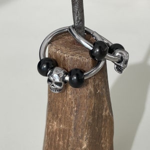 Rebellion Goth Black Bead Hoop Earrings with Dainty Skull Charm