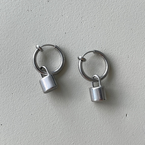 Lock Charm Clip On Hoop Earrings: Stainless Steel Dangle