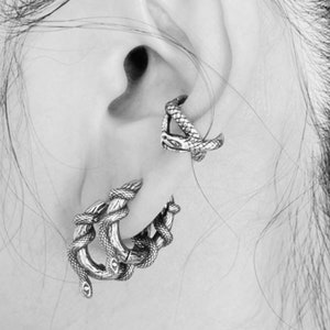 May include: Silver-coloured snake-shaped earrings. The earrings are worn on the ear, with one pair of hoop earrings and a smaller stud earring. The snake design wraps around the hoop and stud, creating a unique and edgy look. The earrings are detailed with scales.