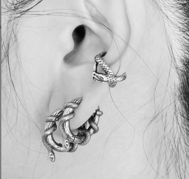 May include: Silver-coloured snake-shaped earrings. The earrings are worn on the ear, with one pair of hoop earrings and a smaller stud earring. The snake design wraps around the hoop and stud, creating a unique and edgy look. The earrings are detailed with scales.