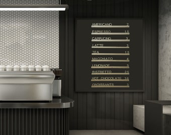 May include: A black chalkboard menu with gold lettering lists coffee and pastry prices. The menu is hanging on a black wall with wood paneling. A silver espresso machine is on a black counter with a grooved front.