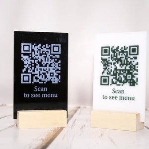 Letrero acrílico, código QR, escaneo qr acrílico para ver el letrero del menú con soporte de madera