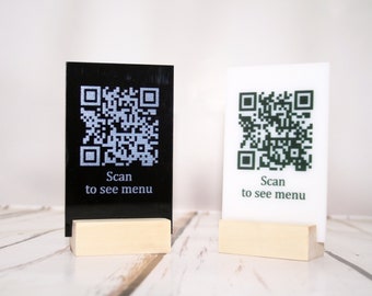 Acrylic sign, QR code, Acrylic qr scan to see menu sign with wood stand