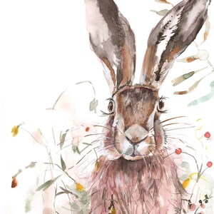 May include: Watercolour painting of a brown hare with long ears, looking directly at the viewer. The hare is surrounded by green and white watercolour flowers and leaves.