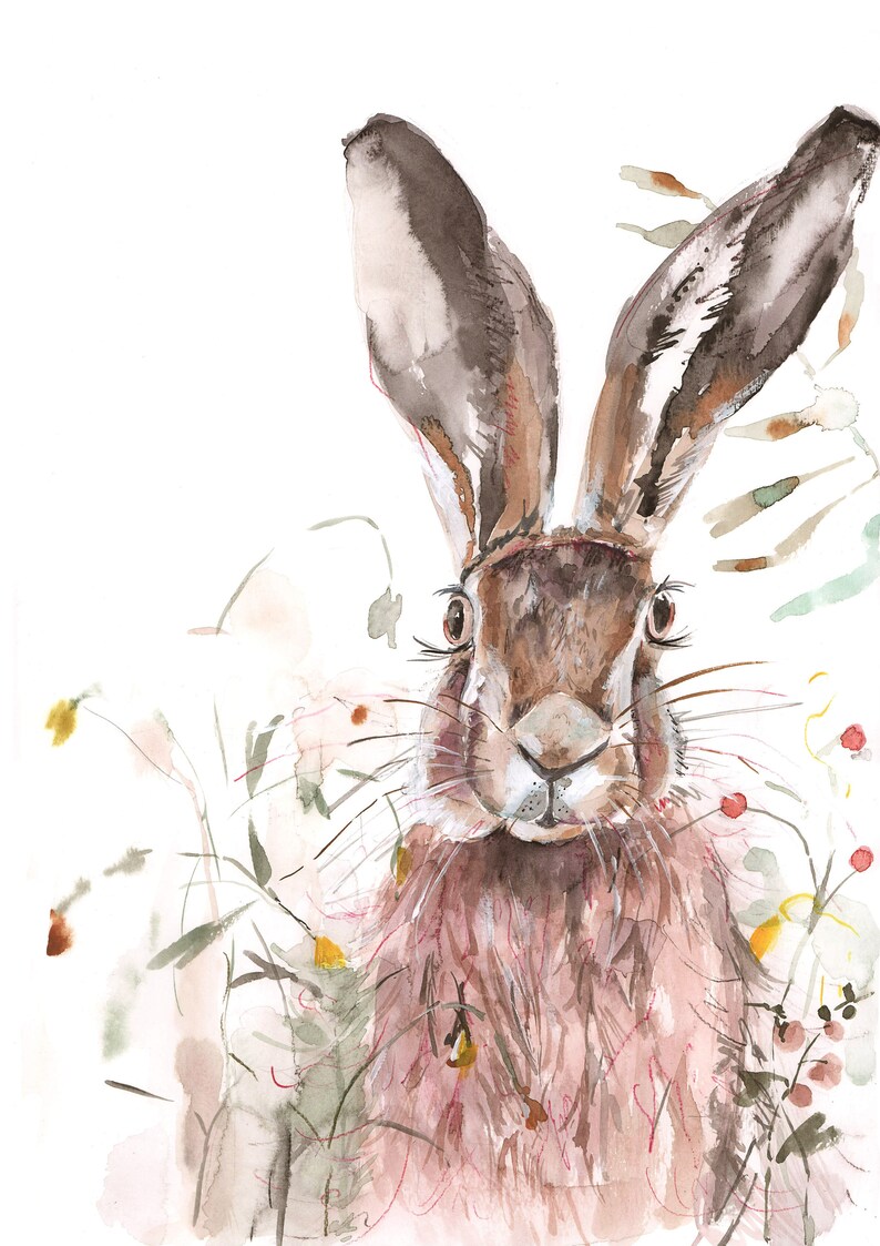 May include: Watercolour painting of a brown hare with long ears, looking directly at the viewer. The hare is surrounded by green and white watercolour flowers and leaves.