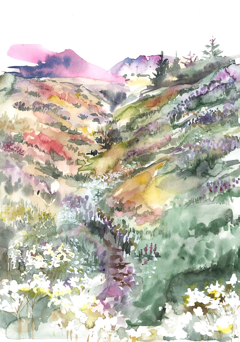 May include: Watercolor painting of a mountain landscape with a valley filled with colorful wildflowers. The sky is a soft pink and purple, and the mountains are a muted green and brown. The wildflowers are a variety of colors, including white, pink, purple, and yellow.