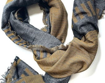 Reversible Wool Scarf: Modern Gray & Gold Wrap (72x36)