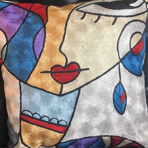 La Femme' Cubist  - Art on a Pillow with Optional Insert|Modern Embroidered Kashmiri Silk Art Cushion|Throw toPillow| 18 * 18 Cushion Whitei