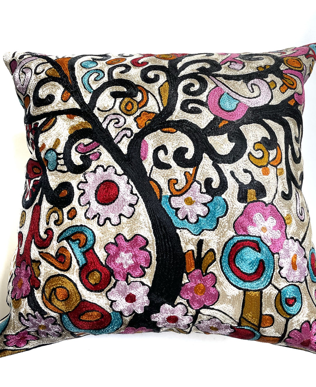 Hand Embroidered Tree of Life Pillow Cover: Silk Art Cushion