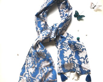 Hand Block Printed Cotton Scarf: Blue Floral Tassel Beach Wrap