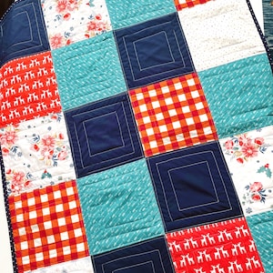 Modern Holiday Baby Quilt: Red, Teal, Navy Cotton Nursery Decor