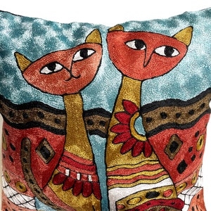 Hand Embroidered Cat Couple Pillow: Modern Silk Art Accent Cushion (18x18)