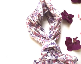 Hand Block Printed Cotton Scarf: Purple Pink Floral Tassel Shawl