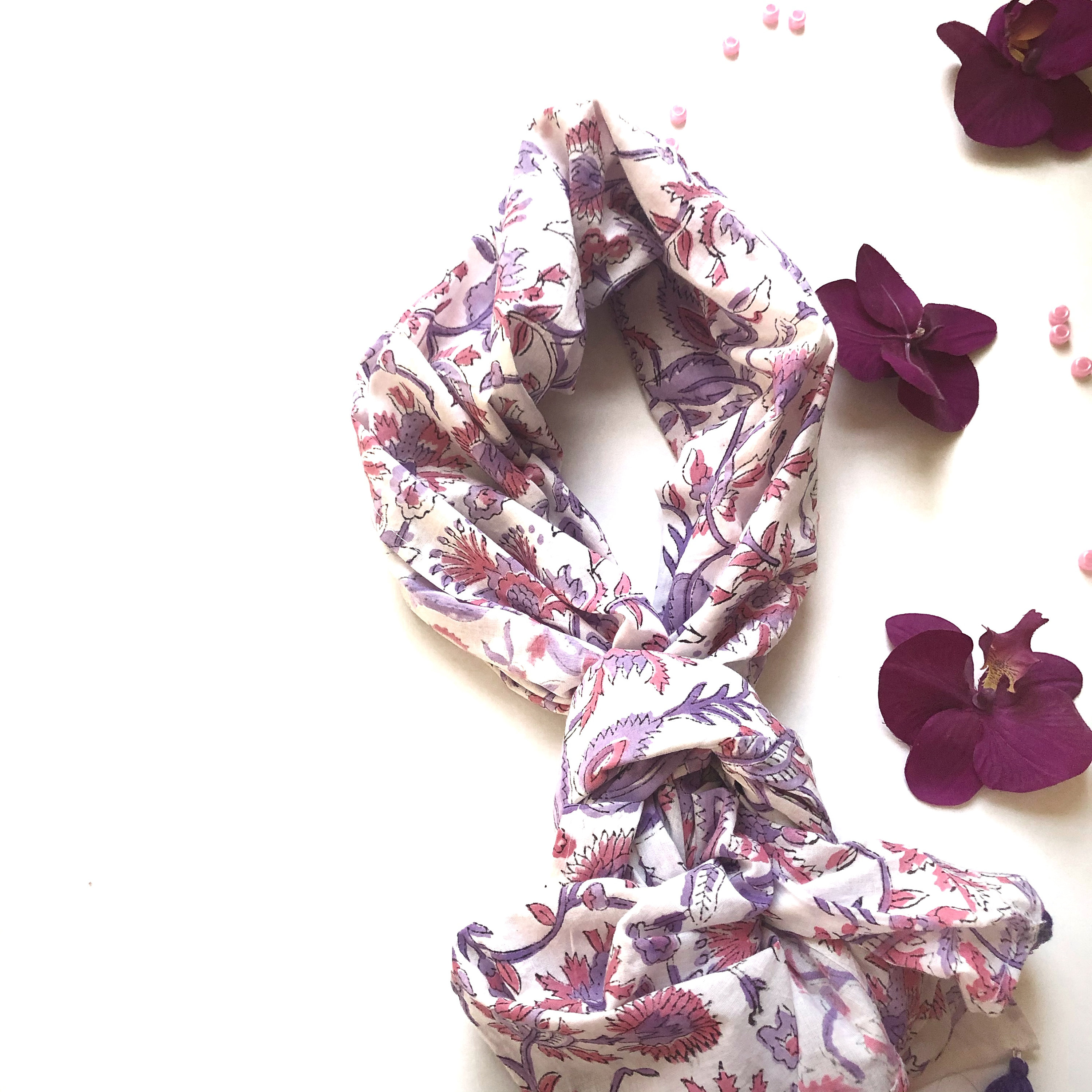 Hand Block Gedruckt Baumwoll Schal: Lila Rosa Floral Quaste Schal