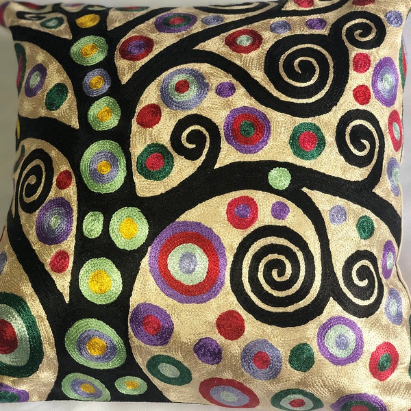 Klimt Tree Of Life| Silk Art Cushion 18 * 18| Art Pillow with Insert| Bright Throw Pillow| Hand Embroidered Pillow| Accent Pillow|