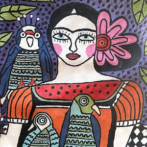 Frida with a parrot - Art on a Pillow with Optional Insert