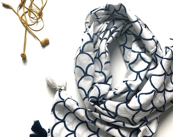Hand Block Gedruckt Schal: Marine Muschel-Sommer-Stola aus Bio-Baumwolle