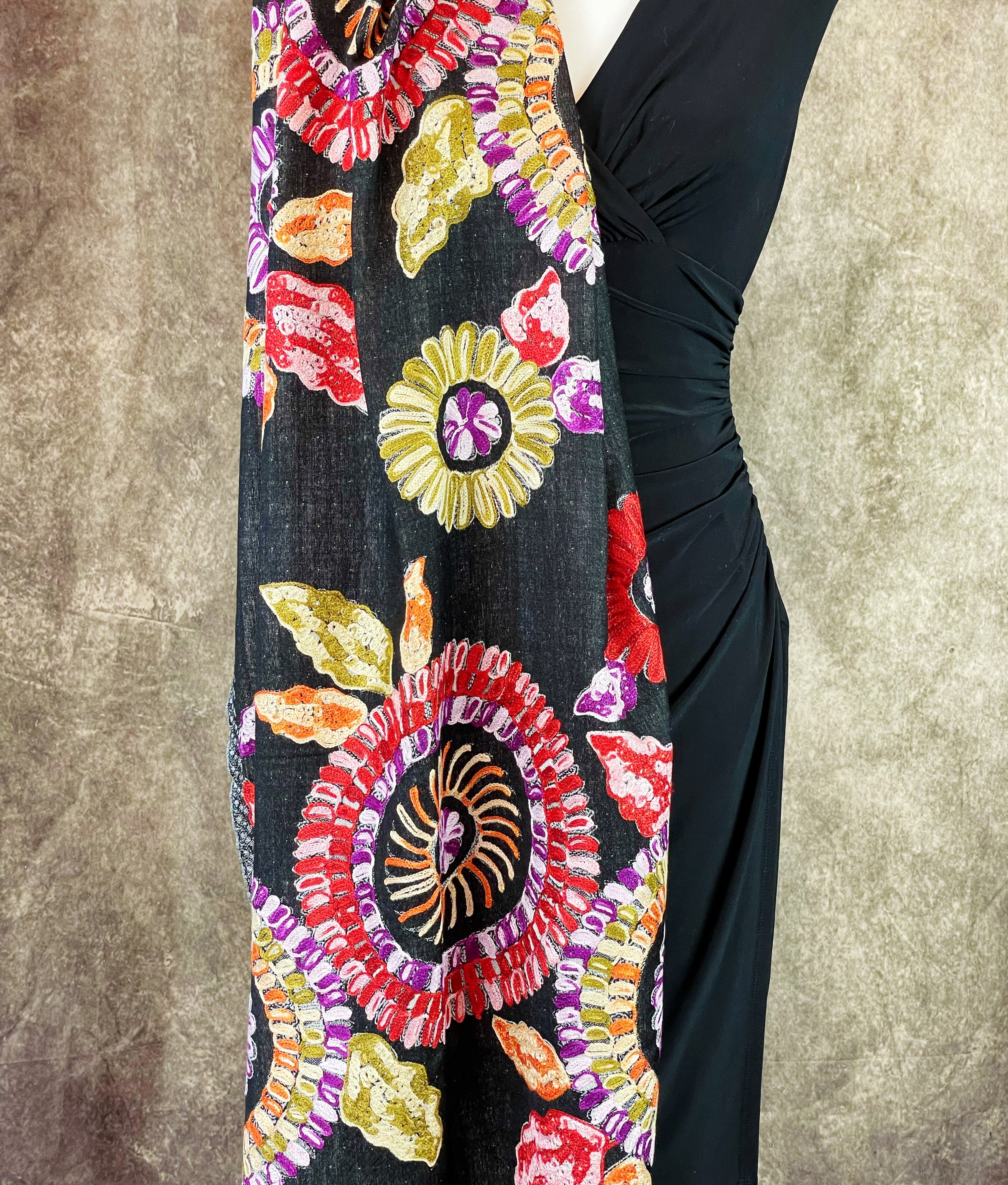 Aari work pure lambs wool scarf in with large Peony blooms in Heather Black and rainbow color way Indian Kashmiri Aari Floral scarf/stoles