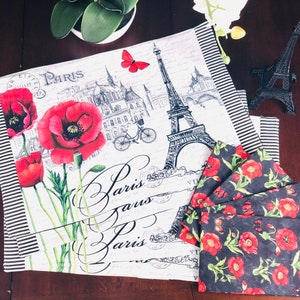 Eiffel in Paris Set of 4 Quilted Table Mats with Coordinated Napkins| French Country Quilted Place Settings and Napkins| Paris Dining Decor