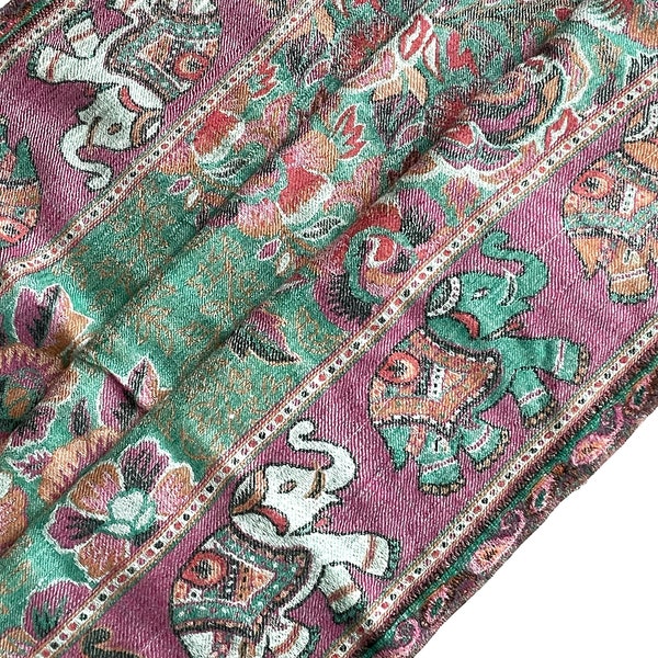 Dual Tone Elephant Border and Rose motif 100% pashmina wool Kani weave scarf in Green or Brown| |Stole| Wrap| Blanket 80 X 30 in