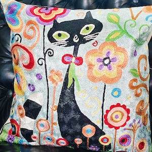 Hand Embroidered Cat Pillow: Silk Art Accent Cushion (18x18)