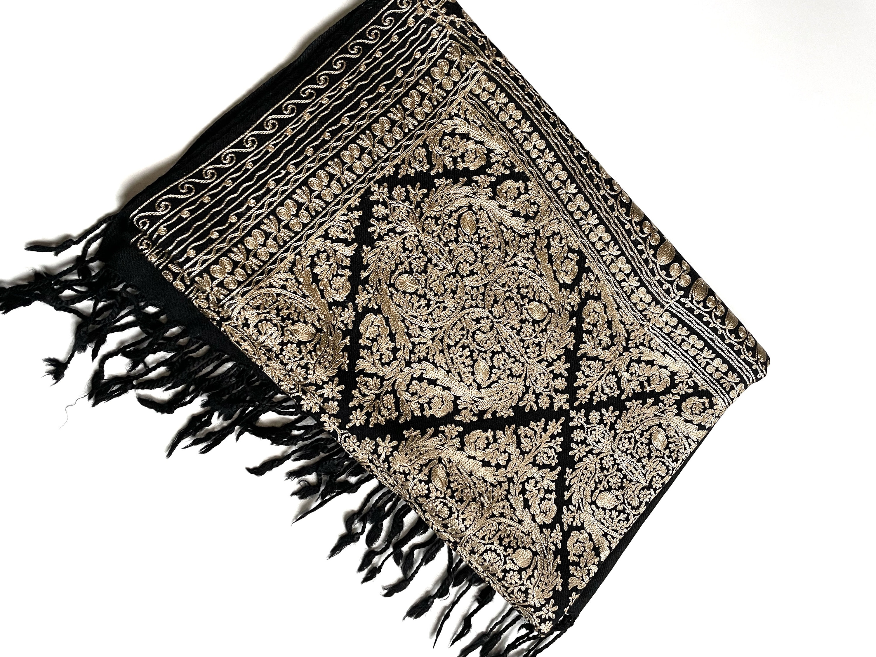 Hand Embroidered Lambswool Scarf: Black & Gold Kashmiri Aari Work