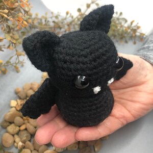Puede incluir: Un murci&eacute;lago de crochet negro con dientes blancos y grandes ojos negros. El murci&eacute;lago est&aacute; siendo sostenido en la mano de una persona.
