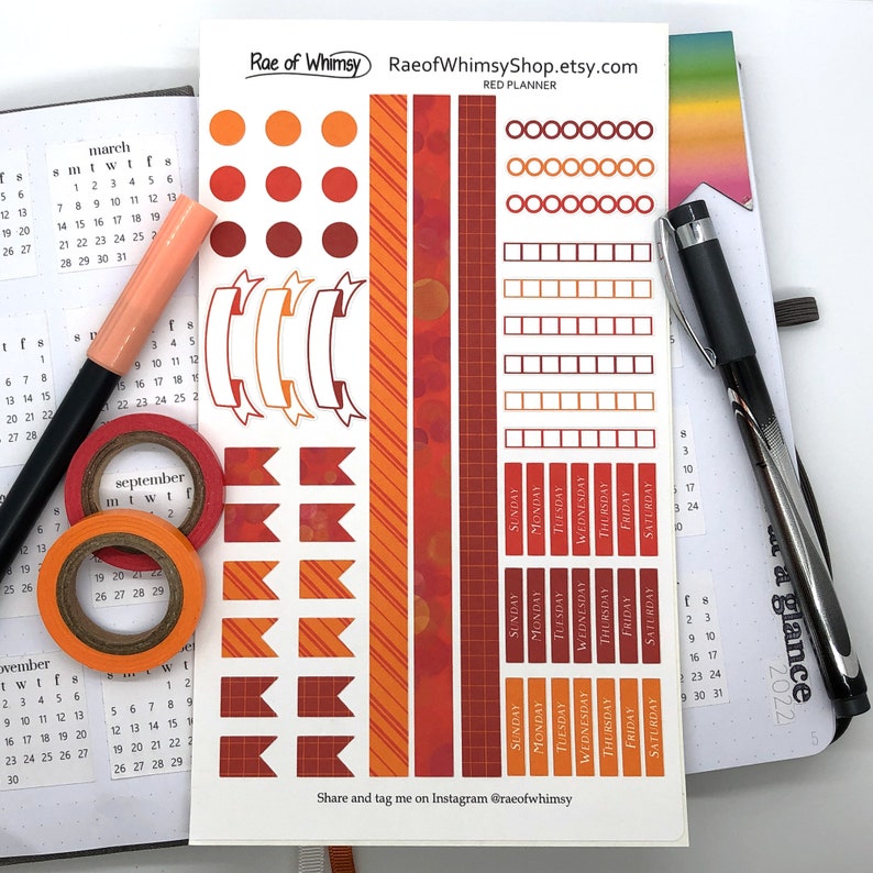 Planner Sticker Sheet – RED | Cute Rainbow | Bullet Journal Stickers ...