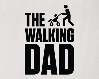 Op de afbeelding: Zwart-wit grafisch ontwerp met een stokfiguur dat een kinderwagen duwt. De tekst luidt "The Walking Dad".