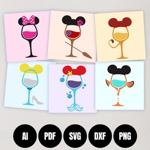 Può includere: Sei diversi design di bicchieri da vino con personaggi Disney. Ogni bicchiere ha le orecchie di un personaggio diverso e un elemento di design unico. I personaggi includono Minnie Mouse, Moana, Ariel, Belle e un personaggio di Alla ricerca di Nemo.