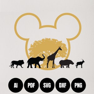 May include: A gold Mickey Mouse head silhouette with a silhouette of a tree and five animals inside: a lion, elephant, giraffe, hippopotamus, and antelope.