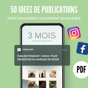Peut inclure: Un écran de smartphone affichant un calendrier avec la date "Lundi 02 octobre 2023" et le texte "3 MOIS". Une notification sur l'écran indique "PUBLIER PENDANT 3 MOIS POUR PRESENTER SA MARQUE DE MODE". Le téléphone est entouré d'icônes pour Instagram, Facebook et un fichier PDF.