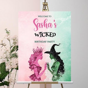 Cartel de bienvenida para fiesta de cumpleaños con tema musical de la película Wicked, plantilla de póster de bienvenida editable para fiesta de Glinda y Elphaba en rosa y verde, decoración B07