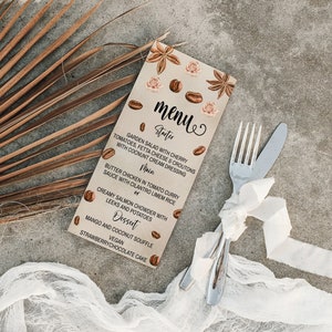 Love is Brewing Cartão de menu de chá de panela editável modelo de menu de café para impressão Menu de mesa de casamento personalizado Menu de jantar de brunch de noiva CB01
