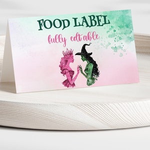 Etiquetas de comida para fiesta de cumpleaños con tema musical de la película Wicked, etiquetas de comida plegables para imprimir con Glinda y Elphaba, etiquetas de buffet, tarjetas de lugar, decoración de fiesta B07