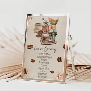 Love is Brewing Editável Menu de Café Sinal Personalizável Café Bar Imprimível Casamento Nupcial Festa Decoração Bebida Mesa Sinal Modelo CB01