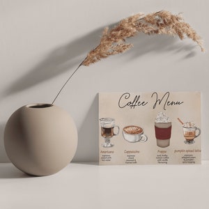 Sinal de menu de café editável personalizável barra de café para impressão de bebidas quentes festa de casamento sinal de mesa de centro modelo de download instantâneo