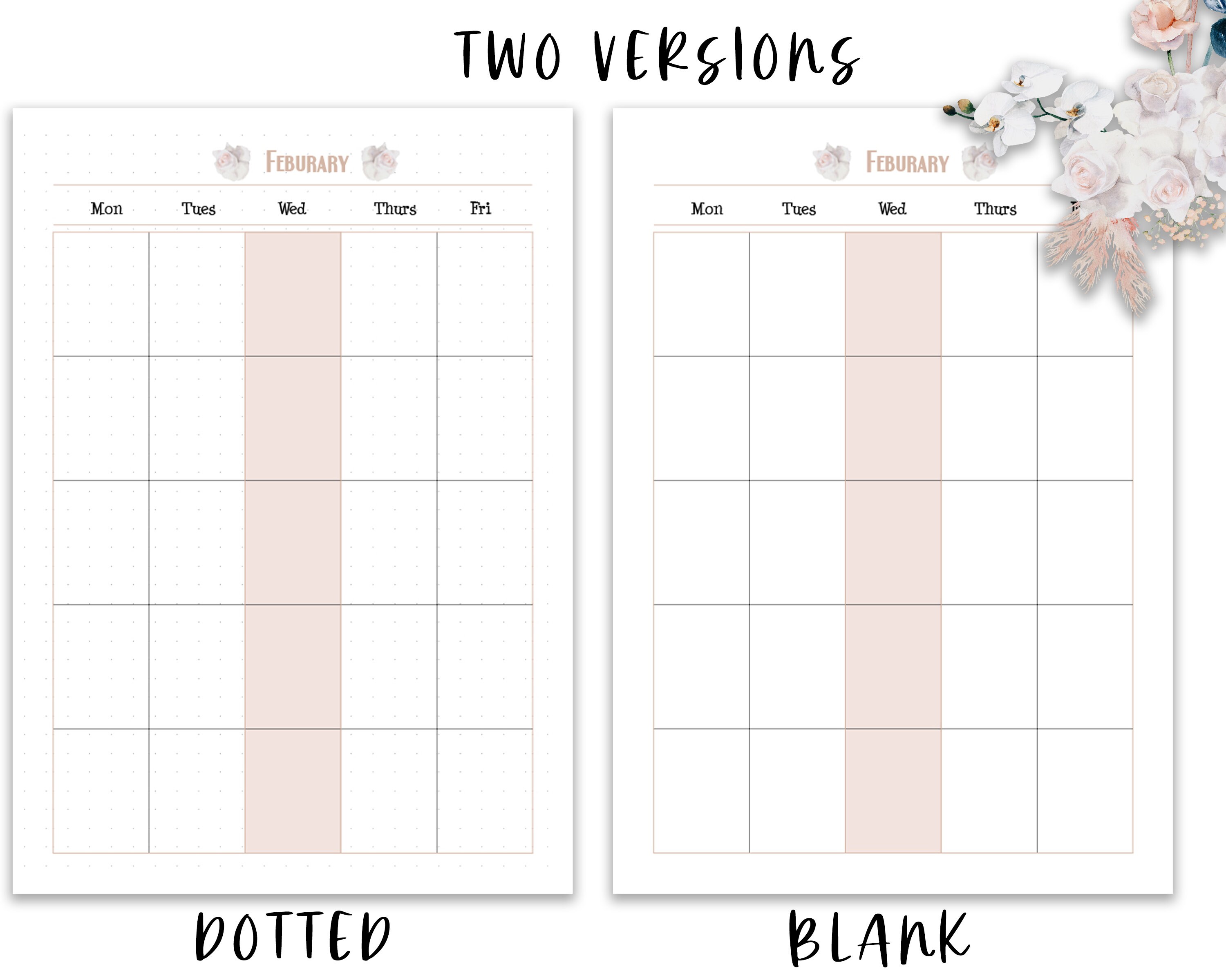 Month on Two Pages Undated Planner Printable Pastel Floral Design Month ...