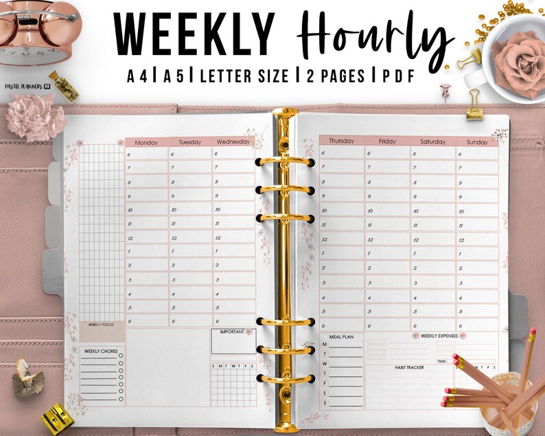 Weekly Hourly Planner Inserts Weekly Schedule Printable Goal Planners Hourly Agenda Meal Tracker