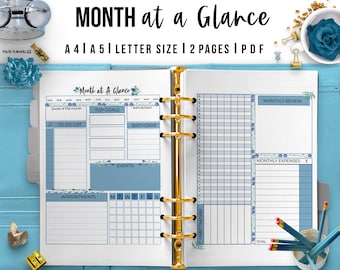 Month at a Glance Floral Printable Month Overview Planner Monthly Habits  Expenses Happy Planner Schedule Insert A4 A5 Letter PDF Floral