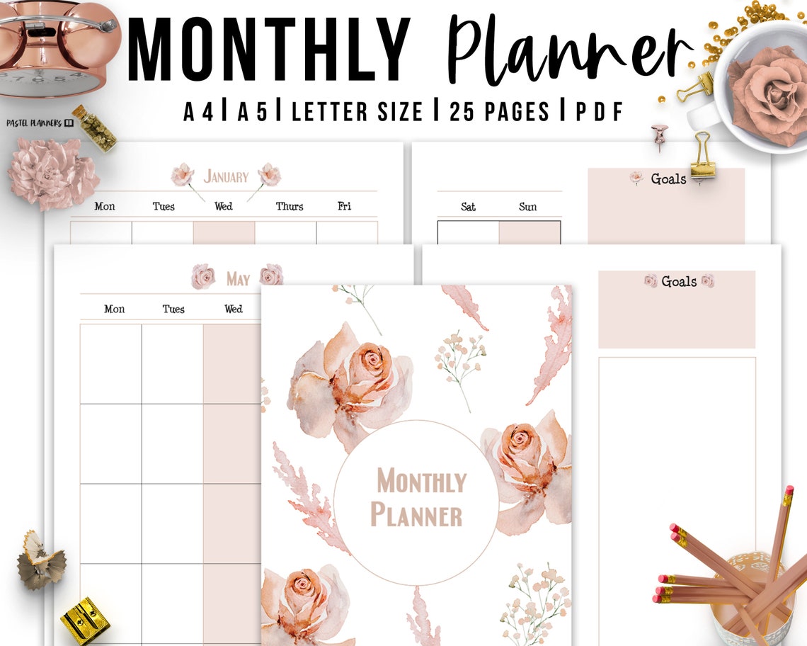 Month on Two Pages Undated Planner Printable Pastel Floral Design Month ...