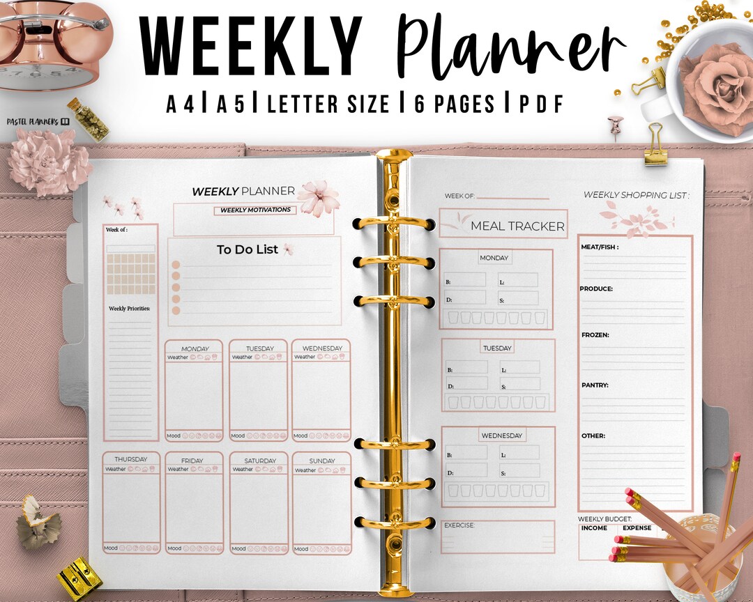 Cute Floral Weekly Planner Printable Hourly Schedule Week Organizer ...