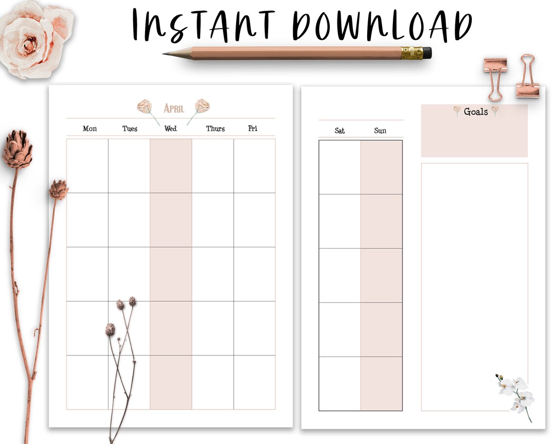 Month on Two Pages Undated Planner Printable Pastel Floral Design Month ...