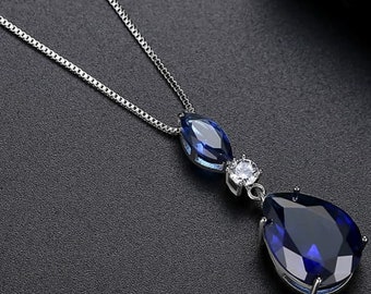 So Elegant CZ Blue Teardrop Pendant Necklace