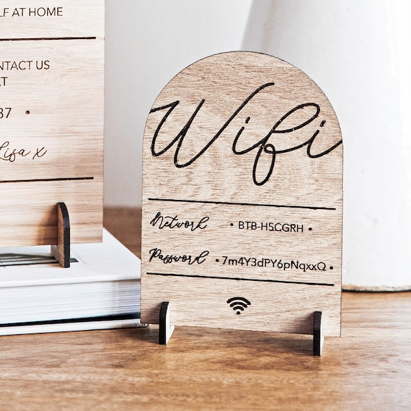Personalised Oak Home WiFi Sign, Password Plaque, Wooden Internet Sign, New Home Gift, Custom WiFi Disc, Internet Plaque and Stand, Air BNB