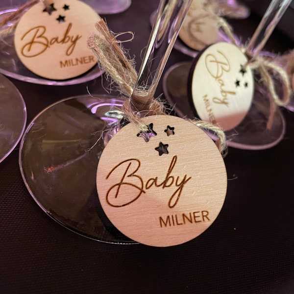 Baby Shower Drink Charms, Wine Glass Charms, Glass Tags, Drink Tags, Baby Sprinkle Decor, Wooden Charm, Personalised Decor