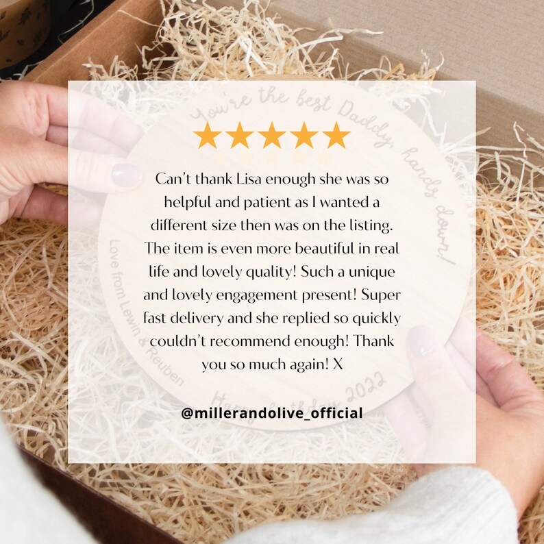 May include: A five-star review for a personalized wooden plaque with the text "You're the best Daddy, hands down!" and "Love from Lewin & Reuben". The review mentions the seller's helpfulness, the quality of the product, and fast delivery. The review is dated 2022 and includes the social media handle @millerandolive_official.